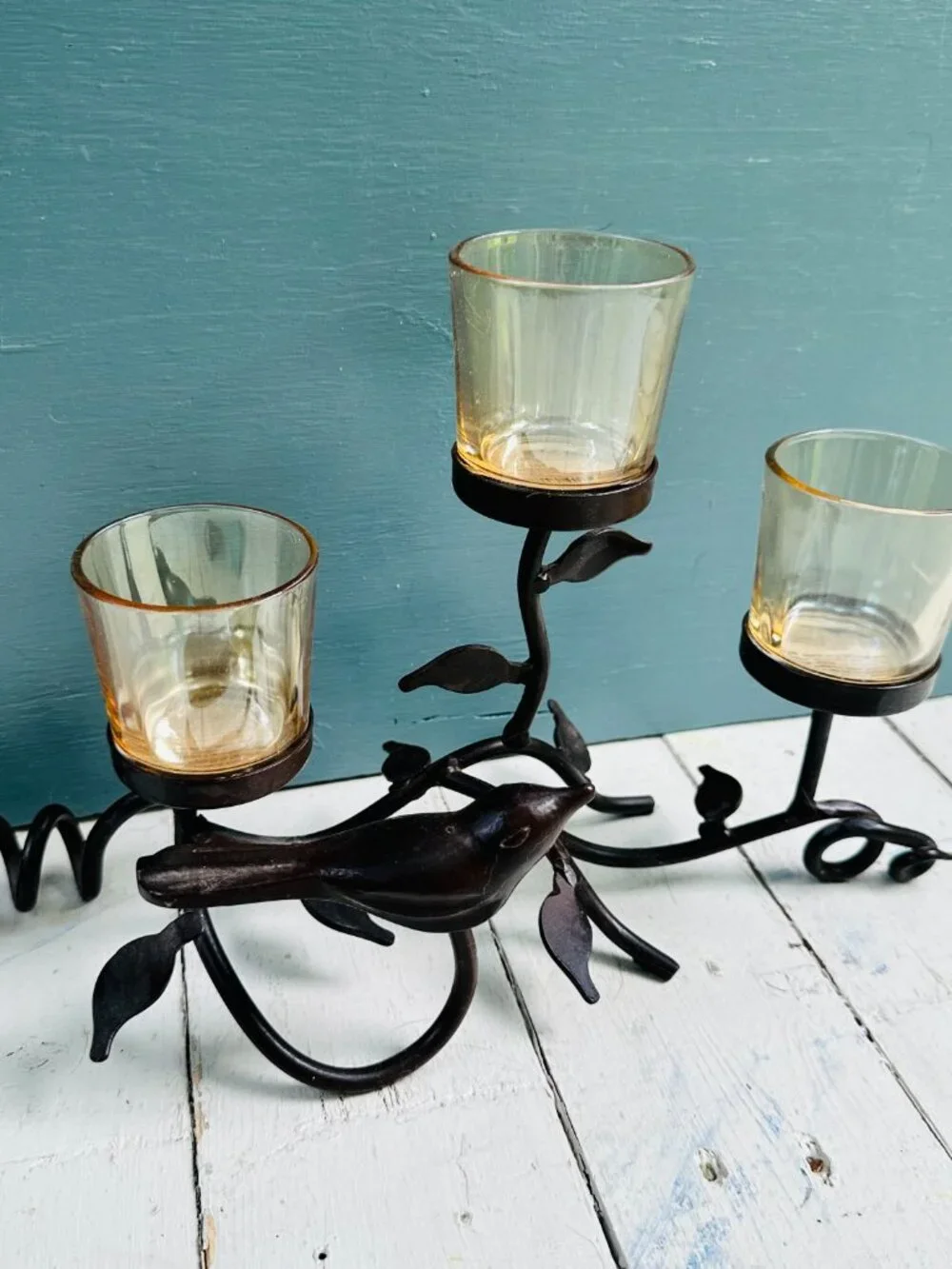 Vintage Pier 1 Metal Bird Candle Holder Triple Votive Centerpiece Wrought Iron
